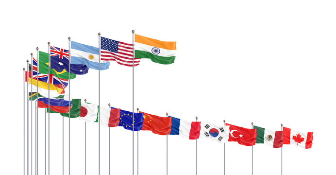 20 flags. G20 summit is the upcoming eighteenth meeting of Group of Twenty, New Delhi, India in 2023. White background. 3d Illustration.