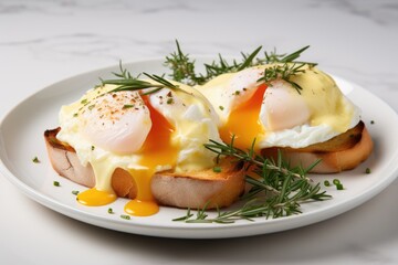Eggs Benedict- toasted English muffins, poached eggs, and delicious buttery hollandaise sauce. AI Generated