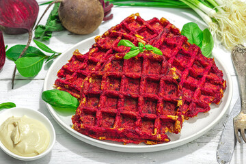 Homemade beetroot Belgian waffles with sauce. Gluten free vegan food with vegetables