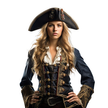 Halloween costumes -  Front view mid shot of white woman dressed as pirate isolated on white transparent background