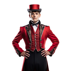 Halloween costumes -  Front view mid shot of white man dressed as circus ringmaster isolated on white transparent background - obrazy, fototapety, plakaty