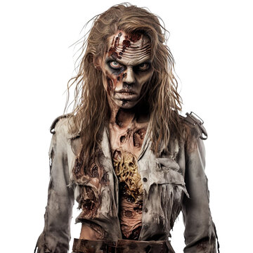 Halloween costumes -  Front view mid shot of white woman dressed as zombie isolated on white transparent background