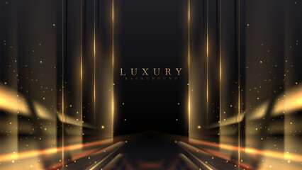 Luxury black stage background with gold light effects decorations and bokeh.