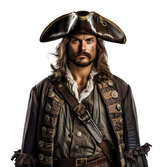 Fototapeta premium Halloween costumes - Front view mid shot of white man dressed as pirate isolated on white transparent background