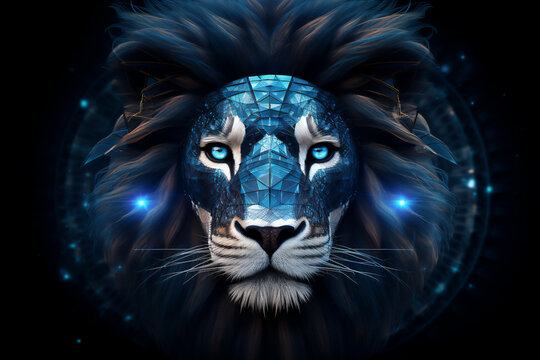 Abstract lion head portrait with the face in a blue neural geometric polygon pattern, computer Generative AI stock illustration image
