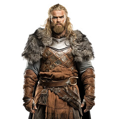 Halloween costumes -  Front view mid shot of white man dressed as viking isolated on white transparent background