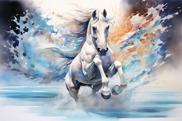 Obraz na płótnie Canvas Watercolour abstract horse painting of a white equine animal running through the water of a river stream which could be used as a poster or flyer, computer Generative AI stock illustration image