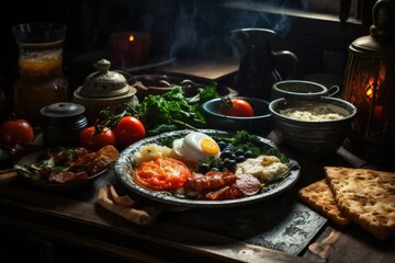 Fototapeta premium Traditional full English breakfast with fried eggs, sausages, beans, grilled tomatoes and bacon. AI Generated
