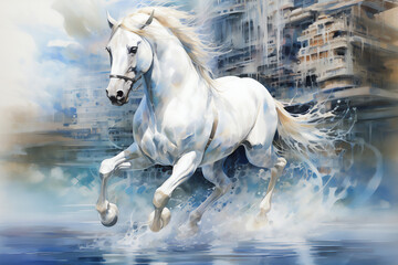 Watercolour abstract horse painting of a white equine animal running through the water of a river stream which could be used as a poster or flyer, computer Generative AI stock illustration image