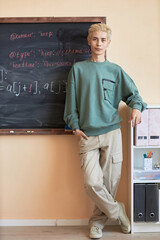 Young male hipster in grey pants and pullover standing by blackboard with formulas or equations...