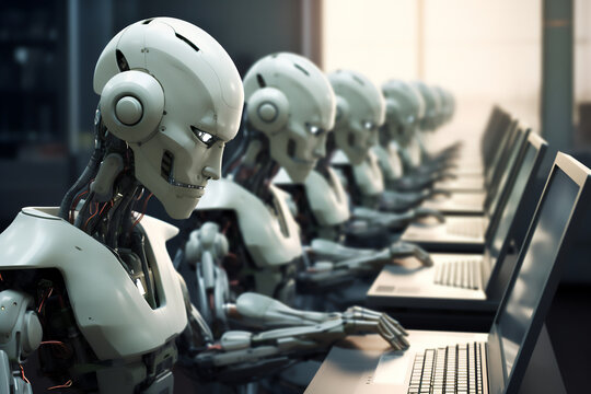 Humanoid robot office workers working in a call centre on a laptop computer while networking on the internet using machine learning technology, computer Generative AI stock illustration image