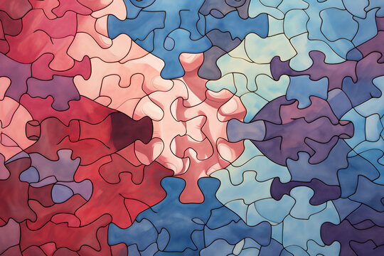 Abstract jigsaw puzzle background pattern which is a brain teasing challenge game for problem solving, computer Generative AI stock illustration image