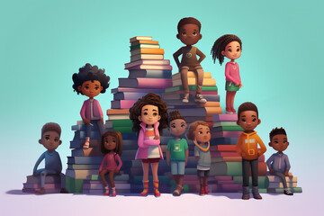 Cartoon of diverse children embracing the joy of learning through books, promoting inclusivity and knowledge in school education 