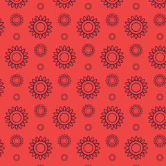 Digital png illustration of round flower designs repeated on red on transparent background