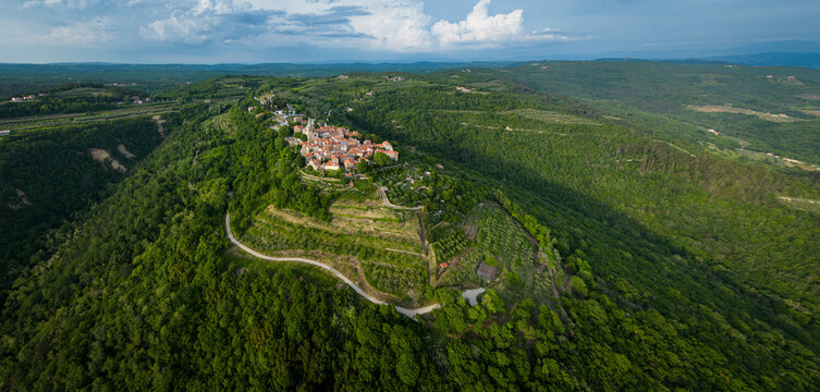 Aerial view of the old town of Groznjan, in Istria, Croatia.