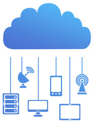 Digital png illustration of blue cloud with networked communication media on transparent background