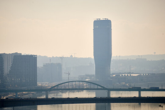 Sava river, Brankov bridge, riverside of Belgrade and Belgrade Tower, Serbia