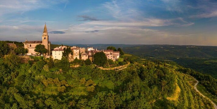 Aerial view of the old town of Groznjan at sunset, in Istria, Croatia.