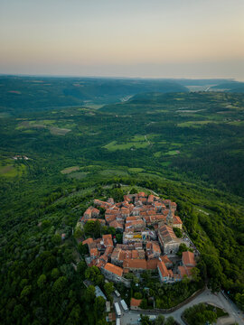 Aerial view of the old town of Groznjan, in Istria, Croatia.