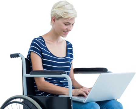 Digital png photo of caucasian woman sitting in wheelchair on transparent background