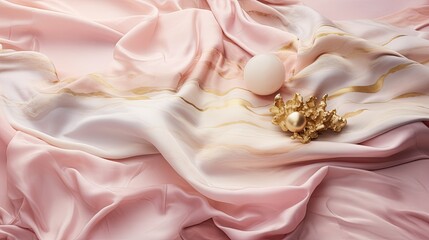 A dreamy blend of pastel pink and gold on a silk texture, invoking images of fairy tale landscapes flat lay