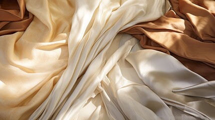  fluid silk texture radiating muted golds and ivories, giving the appearance of sunlight filtering through thin curtains flat lay