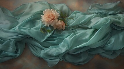An ethereal dance of muted turquoise and rose on a silken canvas, portraying the romance of forgotten love letters flat lay