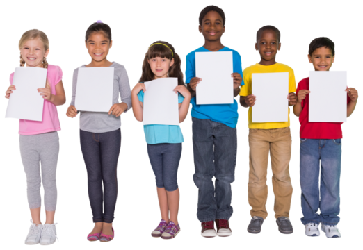 Digital png photo of happy diverse children holding white cards on transparent background