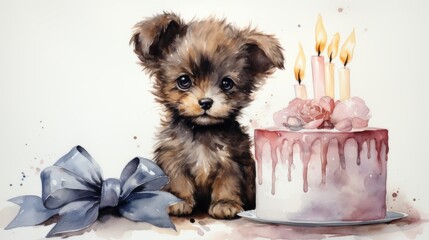 Happy Birthday. A cute dog sits next to a birthday cake and burning candles. Dog's birthday party. Watercolor illustration.