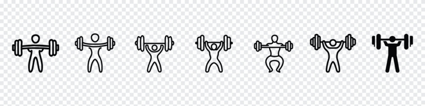 Weightlifter icon vector sign, Sequence of weight lifting, silhouette of a weight lifter on transparent background, Weightlifting icon, bodybuilding icons. weight lifting icon, Weightlifting icons