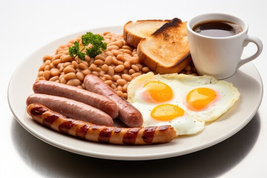 Traditional full English breakfast with fried eggs, sausages, beans, grilled tomatoes and bacon. AI Generated