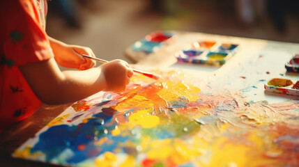 A child draws a picture with paints or pencils, preschool childr