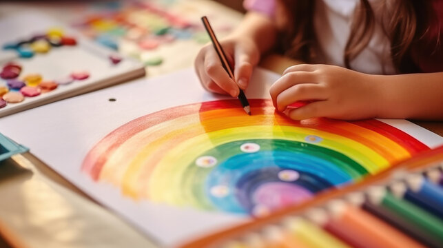 A child draws a picture with paints or pencils, preschool childr