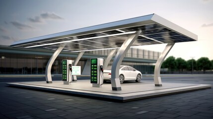 Obraz premium Electric car at futuristic charging station. Selected focusing. Eco alternative transport and battery charging technology concept, electric hybrid machine