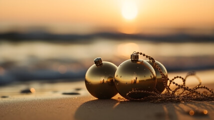 Christmas ball on the beach background - obrazy, fototapety, plakaty