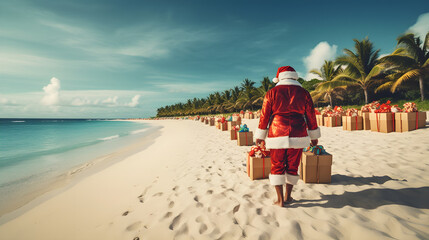 Santa Claus with gifts on a beautiful beach 