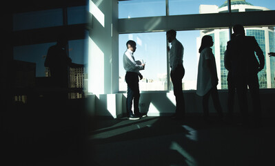 Fototapeta na wymiar Silhouettes of people standing near a panoramic window in a modern office. Team of young professional business people working and chatting together in a meeting.