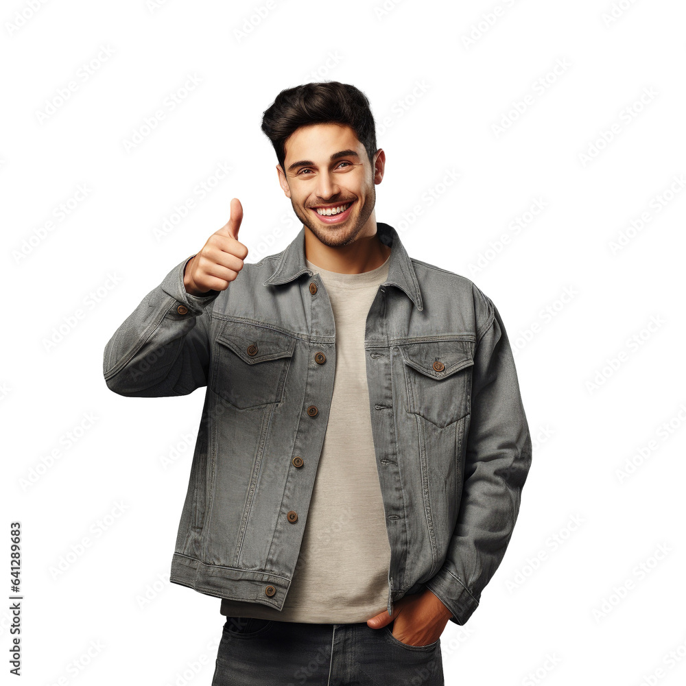 Aufkleber man in denim jacket smiling holds phone with blank screen pointing finger aside on transparent backg