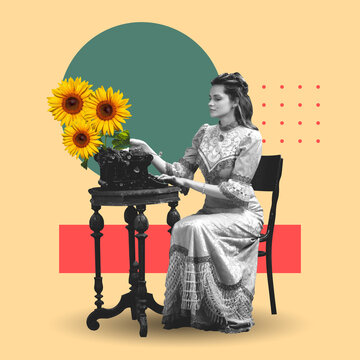 Elegant beautiful woman sitting and typing story on retro typewriter. Literature personage. Contemporary art collage. Concept of creativity, surrealism, history, fashion, retro and vintage, ad