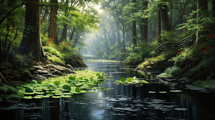 Hyperrealistic view of a tranquil pond surrounded by foliage