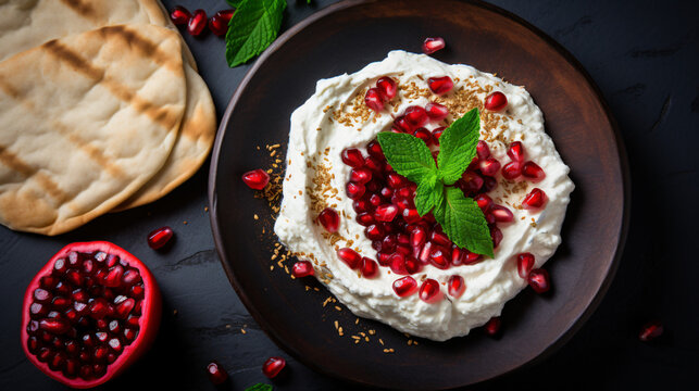 Iranian labneh with taftan bread and pomegranate top view