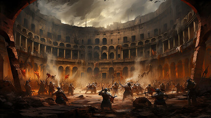 Roman gladiators fighting in a colosseum - obrazy, fototapety, plakaty