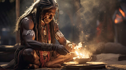 Obraz premium Tribal shaman conducting a spiritual ceremony