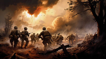 World War II soldiers advancing through a battlefield