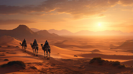 Fototapeta na wymiar Nomads traversing a vast desert with camels