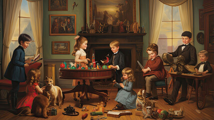 Victorian children playing with toys in a parlor