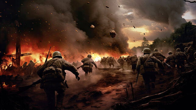 World War II soldiers advancing through a battlefield