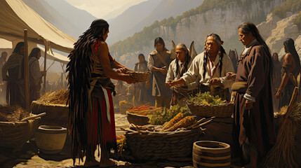 Native American tribespeople trading at a marketplace