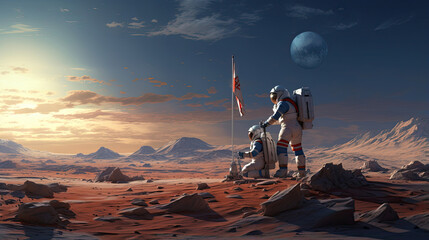 Astronauts planting the flag on a newly discovered planet - obrazy, fototapety, plakaty