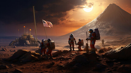 Astronauts planting the flag on a newly discovered planet - obrazy, fototapety, plakaty